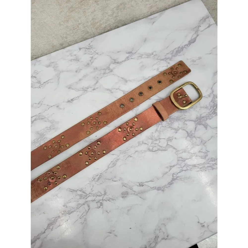 Calvin Klein Metallic Pink and Brown Leather Studded Belt with Brass Buckle